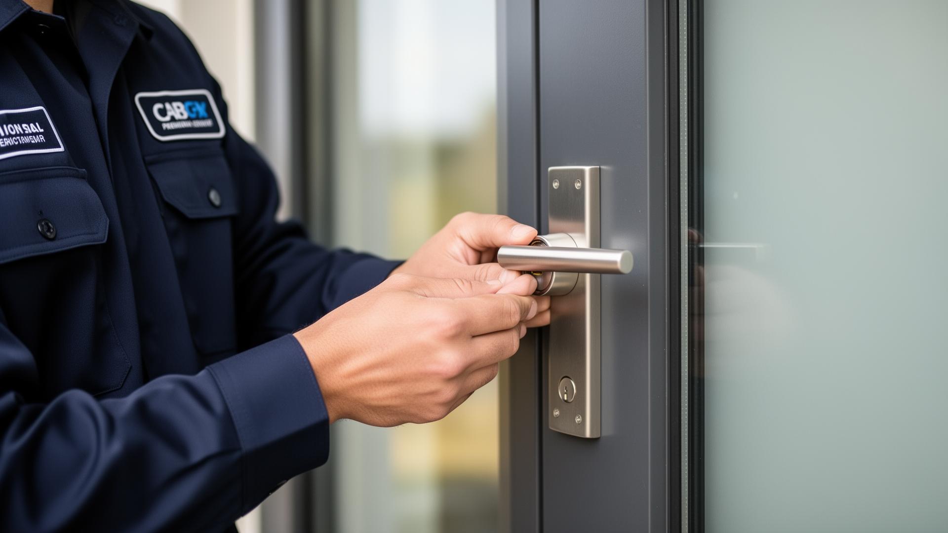 Licensed locksmith installing a high-security deadbolt on a residential door